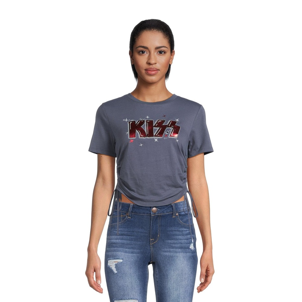 Kiss Graphic Print T-Shirt Women M Grey Side Tie Red Foil Logo Tee